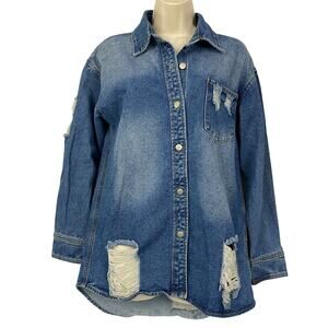 Veveret Denim Jacket Women Small Distressed Shirt Chore Coat Western Cabincore